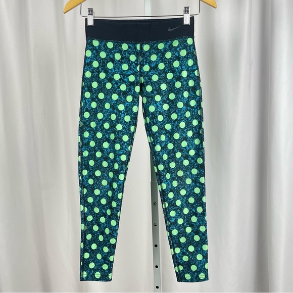 Nike Kids Medium Polka Dot Leggings Active Running Track Yoga Lime Green - Picture 1 of 7